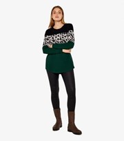 Apricot Green Leopard Print Colour Block Fine Knit Jumper